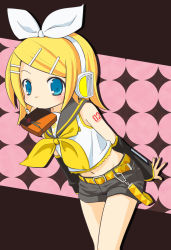 Rule 34 | bad id, bad pixiv id, belt, blonde hair, blue eyes, bow, detached sleeves, hair ornament, hairclip, headset, highres, kagamine rin, linco, midriff, mouth hold, navel, short hair, shorts, solo, valentine, vocaloid