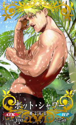 Rule 34 | 1boy, achilles (fate), artist name, blue sky, card (medium), card parody, craft essence (fate), day, dimples of venus, fate/grand order, fate (series), green hair, highres, kitano gori, looking back, male focus, nipples, palm tree, parted lips, topless male, showering, sky, solo, tree, wet, yellow eyes