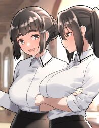 Rule 34 | 2girls, black eyes, black hair, black skirt, blurry, blurry background, blush, breasts, closed mouth, collared shirt, furaggu (frag 0416), hair ornament, hairclip, highres, kantai collection, large breasts, long hair, multiple girls, myoukou (kancolle), nachi (kancolle), open mouth, pencil skirt, shirt, short hair, side ponytail, skirt, sleeves past elbows, smile, white shirt