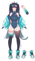 Rule 34 | 1girl, absurdres, ahoge, animal ear fluff, animal ears, aqua jacket, bare shoulders, black hair, black thighhighs, breasts, cat ears, cat tail, color guide, fingerless gloves, gloves, highres, indie virtual youtuber, jacket, large breasts, long hair, looking at viewer, nanoless, nyana (vtuber), simple background, solo, sunglasses, tail, thighhighs, unzipped, virtual youtuber, zipper
