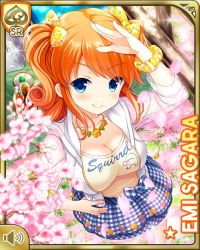 Rule 34 | 1girl, blue eyes, blue skirt, bow, breasts, character name, checkered clothes, checkered skirt, closed mouth, day, english text, girlfriend (kari), hair bow, jacket, jewelry, looking at viewer, medium hair, official art, orange hair, orange shirt, outdoors, park, qp:flapper, sagara emi, wrist scrunchie, shirt, skirt, smile, solo, tagme, tree, two side up, white jacket, white legwear, yellow bow, yellow shirt