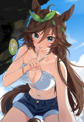 Rule 34 | 1girl, ahoge, alternate costume, animal ears, bare shoulders, bikini, blue eyes, breasts, brown hair, commentary, commentary request, denim, denim shorts, finger to mouth, hair between eyes, hair ornament, hairclip, horse ears, horse girl, horse tail, large breasts, long hair, looking at viewer, misu kasumi, mr. c.b. (umamusume), parted lips, shorts, shushing, solo, speech bubble, summer, swimsuit, tail, translated, umamusume, very long hair, white bikini