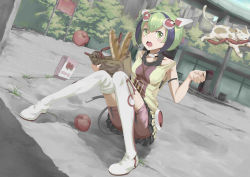 Rule 34 | 10s, 1girl, :o, absurdres, android, animal, apple, armband, bad id, bad pixiv id, bag, bare shoulders, bike shorts, bike shorts under skirt, blush, boots, box, bread, breasts, cable, cable tail, cat, dimension w, dress, food, fruit, green eyes, green hair, headgear, highres, holding, holding bag, knees together feet apart, matching hair/eyes, mechanical tail, mouth hold, multicolored hair, open mouth, outdoors, paper bag, purple hair, round teeth, sausage, short hair, shorts, shorts under skirt, sign, sitting, skirt, sleeveless, sleeveless dress, small breasts, solo, streaked hair, tail, teeth, thigh boots, thighhighs, two-tone hair, white footwear, white thighhighs, yonago miko, yurizaki mira, zettai ryouiki