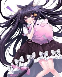 Rule 34 | !, 1girl, absurdres, animal ear fluff, animal ears, black hair, black skirt, blush, bow, cat ears, cat girl, cat hair ornament, cat tail, collared shirt, commentary, crossed bandaids, fang, hair ornament, hair ribbon, highres, knife, long hair, looking at viewer, open mouth, pink bow, pleated skirt, red eyes, reikira, reikira! (channel), retorillo, ribbon, shirt, short sleeves, simple background, skirt, solo, stuffed animal, stuffed pig, stuffed toy, stuffing, tail, tail bow, tail ornament, very long hair, virtual youtuber, white background, white bow, white ribbon, white shirt