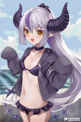 Rule 34 | 1girl, bikini, blush, bra, breasts, cleavage, collar, demon horns, fang, frilled panties, frills, hololive, horns, la+ darknesss, long hair, long sleeves, looking at viewer, mujinbensin, navel, open mouth, panties, pointy ears, skin fang, small breasts, smile, solo, summer, swimsuit, thighs, underwear, virtual youtuber