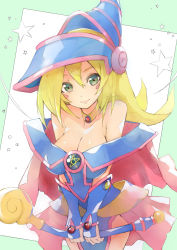 1girl bana_(stand_flower) bare_shoulders blonde_hair blush blush_stickers dark_magician_girl green_eyes hair_between_eyes hat highres long_hair smile solo star_(symbol) yu-gi-oh!