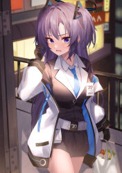 Rule 34 | 1girl, absurdres, bag, black gloves, black skirt, blue archive, blue necktie, blush, breasts, collared shirt, cowboy shot, gloves, halo, hidel, highres, id card, jacket, large breasts, long hair, long sleeves, mechanical halo, mixed-language commentary, multicolored clothes, multicolored jacket, necktie, open mouth, outdoors, plastic bag, pleated skirt, purple eyes, purple hair, shirt, skirt, solo, two-tone jacket, two side up, white jacket, white shirt, yuuka (blue archive)