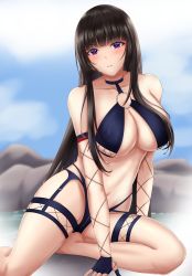Rule 34 | 1girl, absurdres, azur lane, bare shoulders, bikini, black hair, blue bikini, blue gloves, blush, breasts, cleavage, closed mouth, collaboration, collarbone, dead or alive, fingerless gloves, gloves, highres, large breasts, long hair, looking at viewer, navel, nyotengu, nyotengu (scarlet-tinged hot spring vacation) (doa), purple eyes, sitting, solo, swimsuit, togare, underboob, water