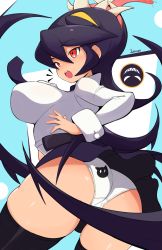 Rule 34 | 1girl, black hair, breasts, clothes lift, filia (skullgirls), highres, jellcaps, large breasts, open mouth, panties, pantyshot, red eyes, samson (skullgirls), skirt, skirt lift, skullgirls, solo, thighhighs, underwear