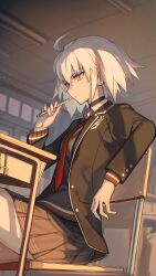 Rule 34 | 1girl, ahoge, black choker, black jacket, black skirt, blue sweater, chair, choker, chromatic aberration, classroom, closed mouth, collared shirt, crossed legs, desk, earrings, elbow rest, fate/grand order, fate (series), hair between eyes, highres, holding, holding pencil, indoors, jacket, jeanne d&#039;arc alter (avenger) (fate), jeanne d&#039;arc alter (fate), jewelry, lack, light particles, long sleeves, looking ahead, necktie, open clothes, open jacket, pencil, pleated skirt, red necktie, school chair, school desk, school uniform, shirt, short hair, sitting, skirt, solo, sweater, white hair, white shirt, wing collar, yellow eyes