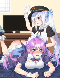 Rule 34 | 2girls, alternate breast size, ass, blurry, blurry background, blush, breasts, cat cube, commentary request, drill hair, gloves, hair ribbon, hat, heavy breathing, heterochromia, hololive, kagura gumi, kagura mea, leg up, long hair, maid headdress, military hat, minato aqua, minato aqua (1st costume), multicolored hair, multiple girls, open mouth, panties, ribbon, shoes, silver hair, spanked, spanking, television, twin drills, underwear, unworn panties, virtual youtuber