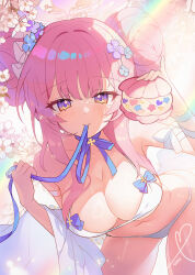 Rule 34 | 1girl, angel wings, apple caramel, bare arms, bare legs, bare shoulders, bikini, blue archive, blush, breasts, cherry blossoms, cleavage, closed mouth, collarbone, cowboy shot, double bun, feathered wings, hair bun, halo, heart, heart of string, highres, large breasts, long hair, mika (blue archive), navel, pink hair, pink halo, smile, solo, swimsuit, white bikini, white wings, wings, yellow eyes