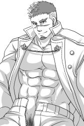Rule 34 | 1boy, abs, bara, coat, come hither, cowboy shot, facial hair, forked eyebrows, goatee, greyscale, highres, large pectorals, male focus, male pubic hair, mature male, military, military uniform, monochrome, muscular, muscular male, navel, nipples, no male underwear, open clothes, open coat, open fly, pectoral cleavage, pectorals, pointy ears, pubic hair, scar, scar on face, scar on nose, seductive smile, short hair, sideburns, smile, solo, stomach, sunfight0201, tokyo houkago summoners, uniform, unzipped, yoritomo (housamo)