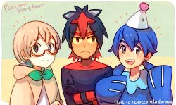 Rule 34 | 10s, 1boy, 1girl, :d, ^^^, androgynous, animal costume, animal ears, black hair, blonde hair, blue hair, blush, bodysuit, brown hair, cat ears, cioccolatodorima, cloak, closed mouth, collarbone, colored sclera, copyright name, creatures (company), crossed arms, dark skin, expressionless, eyebrows, game freak, gen 7 pokemon, glasses, hat, hood, hood down, hooded cloak, litten, looking at viewer, low twintails, multicolored hair, nintendo, open mouth, orange-framed eyewear, party hat, personification, pokemon, pokemon sm, popplio, red eyes, red hair, round teeth, rowlet, seal costume, semi-rimless eyewear, smile, starter pokemon trio, streaked hair, teeth, thick eyebrows, twintails, under-rim eyewear, white hat, yellow sclera
