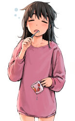 Rule 34 | 1girl, = =, black hair, blush, brushing teeth, closed eyes, collarbone, commentary, cowboy shot, cup, d:, dripping, drooling, english commentary, facing viewer, food print, highres, holding, holding cup, holding toothbrush, messy hair, mixed-language commentary, mug, no pants, open mouth, original, pink sweater, print cup, ryuunosuke (luckyneco), saliva, simple background, sleepy, solo, strawberry print, sweater, thick eyebrows, toothbrush, water, white background