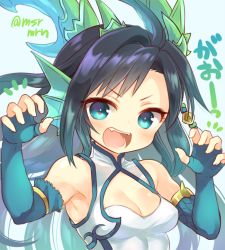 Rule 34 | 1girl, :d, bad id, bad pixiv id, bare shoulders, black hair, blue background, blue eyes, blue gloves, blush, breasts, claw pose, cleavage, dragon girl, dragon horns, dress, elbow gloves, fangs, fingerless gloves, fingernails, fins, gloves, head fins, horns, karin (p&amp;d), long hair, looking at viewer, mashiro miru, medium breasts, open mouth, puzzle &amp; dragons, simple background, sleeveless, sleeveless dress, smile, solo, twitter username, v-shaped eyebrows, very long hair, white dress