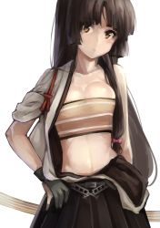 Rule 34 | 10s, 1girl, bandeau, black skirt, brown eyes, brown hair, gloves, japanese clothes, kantai collection, looking at viewer, low twintails, midriff, nazunakku, off shoulder, partially fingerless gloves, partly fingerless gloves, pleated skirt, shouhou (kancolle), sidelocks, simple background, skirt, solo, thighhighs, twintails, upper body, white background, yugake, zettai ryouiki