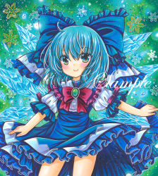 Rule 34 | 1girl, ahoge, blue bow, blue dress, blue eyes, blue hair, blush, bow, bowtie, breasts, brooch, cirno, closed mouth, cowboy shot, detached wings, dress, frilled bow, frilled dress, frilled shirt collar, frills, green background, green brooch, hair between eyes, hair bow, ice, ice wings, jewelry, large bow, looking at viewer, marker (medium), medium hair, puffy short sleeves, puffy sleeves, purple ribbon, red bow, red bowtie, ribbon, rui (sugar3), sample watermark, shirt, short sleeves, sleeve ribbon, small breasts, smile, snowflake background, solo, touhou, traditional media, watermark, white shirt, wings