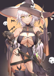 Rule 34 | 1girl, bare shoulders, belt, blush, breasts, cleavage, closed mouth, fate/grand order, fate (series), halloween costume, hat, highres, jeanne d&#039;arc (fate), jeanne d&#039;arc alter (avenger) (fate), jeanne d&#039;arc alter (fate), large breasts, looking at viewer, pouch, short hair, silver hair, test tube, thighs, wand, weyas kayur, witch hat, yellow eyes