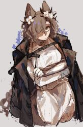 Rule 34 | 1girl, arknights, black coat, brown eyes, chest strap, coat, coat on shoulders, cowboy shot, cropped legs, crossed arms, dress, expressionless, flower, fox tail, hair branch, hair flower, hair ornament, hair over one eye, highres, holding, holding pen, light brown hair, looking at viewer, mole, mole above eye, official alternate costume, open clothes, open coat, pen, penance (arknights), penance (scribing) (arknights), raised eyebrows, ribbed dress, scar, scar on leg, simple background, sleeveless, sleeveless dress, solo, standing, tail, white flower, wolf girl, xaki (chanxaki)
