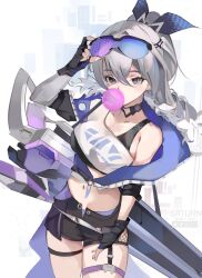 Rule 34 | 1girl, absurdres, bare shoulders, black gloves, black jacket, black shorts, breasts, blowing bubbles, chewing gum, cmdr saturn, drill hair, fingerless gloves, gloves, grey eyes, grey hair, grey sleeves, highres, holding, honkai: star rail, honkai (series), jacket, large breasts, long hair, looking at viewer, medium breasts, navel, open clothes, open jacket, shirt, short sleeves, shorts, silver wolf (honkai: star rail), single sleeve, solo, stomach, sunglasses, white background, white shirt