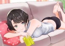 Rule 34 | 1girl, absurdres, alternate costume, aqua eyes, ass, asymmetrical hair, barefoot, black hair, black shorts, breasts, cellphone, closed mouth, commentary, couch, feet, feet up, full body, grey shirt, highres, holding, hololive, indoors, large breasts, looking at viewer, lying, on stomach, oozora subaru, oozora subaru (work), parted bangs, phone, pillow, ribbed shirt, shirt, short hair, short shorts, shorts, sidelocks, smartphone, smile, soles, solo, swept bangs, taachika, the pose, toes, virtual youtuber