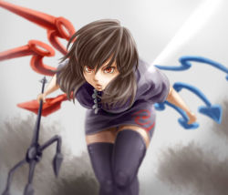 Rule 34 | 1girl, asymmetrical wings, bent over, birry, black hair, black thighhighs, blurry, depth of field, female focus, houjuu nue, polearm, red eyes, short hair, solo, spear, staring, thighhighs, touhou, trident, weapon, wings, zettai ryouiki