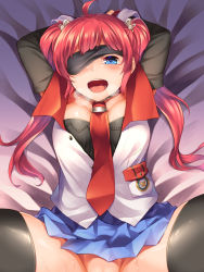 Rule 34 | 1girl, aaru (tenrake chaya), ahoge, azur lane, black thighhighs, blue eyes, blush, breasts, breath, cleavage, clothes lift, eyepatch, from below, hair ornament, hair ribbon, heart, heart-shaped pupils, heavy breathing, long hair, looking at viewer, lying, necktie, no panties, on back, one eye covered, open mouth, out-of-frame censoring, out of frame, pink hair, pleated skirt, pov, red hair, red necktie, red ribbon, ribbon, saliva, san diego (azur lane), school uniform, sexually suggestive, skirt, skirt lift, solo, spread legs, sweat, symbol-shaped pupils, tagme, thighhighs, twintails