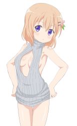 Rule 34 | 1girl, :o, backless outfit, bare arms, bare shoulders, breasts, cleavage cutout, clothing cutout, commentary request, cowboy shot, dress, gochuumon wa usagi desu ka?, grey sweater, hair between eyes, hair ornament, hairclip, hands on own hips, highres, hoto cocoa, meme attire, naked sweater, orange hair, parted lips, purple eyes, ribbed sweater, short hair, simple background, sincos, sleeveless, sleeveless turtleneck, small breasts, solo, standing, sweater, sweater dress, turtleneck, turtleneck sweater, virgin killer sweater, white background