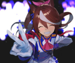 Rule 34 | 1girl, absurdres, animal ears, ascot, blurry, bokeh, brown hair, buttons, closed eyes, depth of field, double-breasted, epaulettes, gloves, hair ribbon, hand on own hip, high ponytail, highres, horse ears, jacket, korean commentary, long hair, long sleeves, multicolored clothes, multicolored hair, multicolored jacket, outstretched arm, ribbon, shycocoa, single epaulette, smile, solo, streaked hair, teeth, tokai teio (umamusume), two-tone jacket, umamusume, upper body, v, white gloves