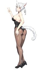 Rule 34 | 1girl, animal ears, ass, bare shoulders, black choker, black leotard, breasts, cat ears, cat girl, cat tail, choker, commentary, commission, english commentary, facial mark, final fantasy, final fantasy xiv, fishnet pantyhose, fishnets, full body, green eyes, heterochromia, high heels, jamjamstyle, kittysuit, large breasts, leotard, looking at viewer, miqo&#039;te, nontraditional playboy bunny, pantyhose, revision, short hair, short ponytail, solo, tail, v, warrior of light (ff14), whisker markings, white background, white hair, yellow eyes