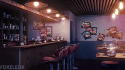 Rule 34 | 3d, artist name, bar (place), bar stool, blender (medium), bowl, ceiling, chair, chopsticks, commentary, counter, egg, english commentary, english text, floor, food, foxeleos, hanging light, highres, indoors, noodles, original, photoshop (medium), poster (object), ramen, scenery, shelf, steam, stool, table, wall, watermark, wooden table