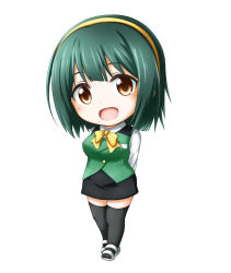 Rule 34 | 1girl, :d, brown eyes, chibi, green hair, headset, highres, idolmaster, idolmaster (classic), kuena, mole, mole under mouth, open mouth, otonashi kotori, sandals, short hair, simple background, skirt, smile, solo, thighhighs