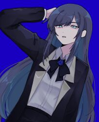 Rule 34 | 1girl, ado (utaite), aqua eyes, black bow, black bowtie, black jacket, black pants, blue background, blue flower, blue hair, blue rose, bow, bowtie, chando (ado), cloud nine inc, collared jacket, commentary, dress shirt, dutch angle, english commentary, flower, highres, jacket, lapels, long hair, looking at viewer, notched lapels, open clothes, open jacket, pants, parted lips, rose, shirt, shirt tucked in, simple background, slit pupils, solo, straight hair, suit jacket, swept bangs, tirasumiii, upper body, utaite