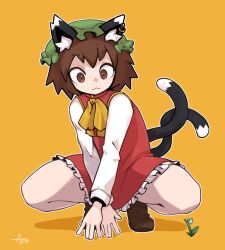 Rule 34 | 1girl, :3, animal ear fluff, animal ears, asutoro (s--t), bow, bowtie, brown eyes, brown hair, cat ears, cat tail, chen, closed mouth, commentary request, dress, flat chest, frills, full body, green hat, hat, highres, mob cap, multiple tails, nekomata, orange background, outline, petite, petticoat, red dress, short hair, simple background, solo, squatting, tail, touhou, two tails, white outline, yellow bow, yellow bowtie, ||/
