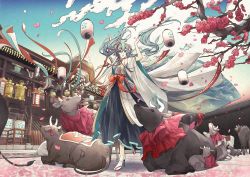 Rule 34 | aqua eyes, aqua hair, aqua nails, architecture, bare shoulders, bell, black skirt, blue sky, bow, bull, cloud, commentary request, day, detached sleeves, east asian architecture, floating hair, floral print, flower, hair ribbon, hand up, hatsune miku, high heels, highres, japanese clothes, kimono, kyoto, lantern, long hair, mujou (mjoysk), nail polish, open mouth, outdoors, petals, plum blossoms, red bow, ribbon, shoulder tattoo, skirt, sky, sleeveless, sleeveless kimono, tattoo, temple, twintails, very long hair, vocaloid, waist bow, white footwear, white kimono, white sleeves, wide shot, wide sleeves