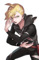 Rule 34 | 1boy, ahoge, black pants, blonde hair, creatures (company), ear piercing, fanny pack, game freak, gladion (pokemon), green eyes, grey asa, highres, hood, hood down, hoodie, long sleeves, looking to the side, lower teeth only, male focus, nintendo, open mouth, pants, piercing, pokemon, pokemon sm, red bag, short hair, simple background, solo, teeth, tongue, torn clothes, torn pants, white background