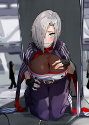 Rule 34 | 1girl, 2others, absurdres, asymmetrical gloves, blue eyes, blush, boots, breasts, brown footwear, cleavage, cloak, commission, ert raitsui, fingerless gloves, girls&#039; frontline, gloves, grey hair, hair over one eye, hand up, highres, indoors, large breasts, looking at viewer, mg5 (girls&#039; frontline), multiple others, open mouth, pants, purple pants, see-through, seiza, sitting, skeb commission, slit pupils, solo focus, spread cleavage, striped clothes, striped gloves