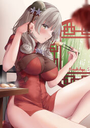 Rule 34 | 1girl, absurdres, artist name, azur lane, breasts, china dress, chinese clothes, chopsticks, dress, drill hair, drill sidelocks, dumpling, flower, food, from side, grey hair, hair flower, hair ornament, highres, holding, holding chopsticks, large breasts, long hair, looking at viewer, luetzow (azur lane), luetzow (steaming hot treat) (azur lane), makihige, official alternate costume, red dress, see-through, see-through dress, short dress, short sleeves, sidelocks, sitting, solo, steam, taut clothes, taut dress, white flower, yellow eyes