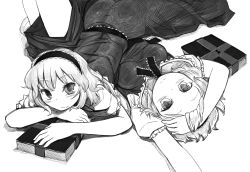 Rule 34 | 2girls, alice margatroid, ass, book, clone, dress, dual persona, face, female focus, greyscale, hairband, keyhole, lock, lying, lying on person, monochrome, multiple girls, on back, on person, on stomach, short hair, smile, touhou, yassy