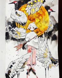 Rule 34 | 1girl, arrow (projectile), bird, bird request, crater, feathers, full body, full moon, highres, holding, holding arrow, holding weapon, long sleeves, looking at viewer, maruti bitamin, moon, original, painting (medium), pants, red pants, shirt, short hair, solo, traditional media, watercolor (medium), weapon, white hair, white shirt, wings, yellow eyes, yellow moon