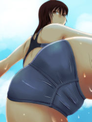 Rule 34 | 1girl, ass, brown eyes, brown hair, competition swimsuit, from below, looking back, looking down, lost july, one-piece swimsuit, original, perspective, solo, swimsuit, water, wet
