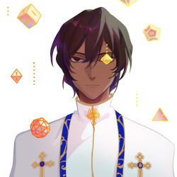 Rule 34 | 1boy, 676643396dolce, arjuna (fate), bishounen, brown eyes, brown hair, cross, cube, dark-skinned male, dark skin, dodecahedron, fate/grand order, fate (series), highres, ico6, male focus, octahedron, one eye covered, polyhedron, portrait, solo, stole, tetrahedron, truncated icosahedron
