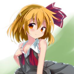 Rule 34 | 1girl, adapted costume, bare arms, bare shoulders, blonde hair, blush, clothes pull, collarbone, flat chest, frilled skirt, frills, gradient background, hair ribbon, head tilt, looking at viewer, naughty face, neck ribbon, red eyes, ribbon, rumia, ryogo, shirt, shirt pull, shirt tug, short hair, skirt, skirt set, sleeveless, sleeveless shirt, smile, solo, touhou, two-tone background, undone neck ribbon, undone tie