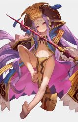 Rule 34 | 1girl, bad id, bad twitter id, bare legs, barefoot, blue coat, closed mouth, coat, earrings, facial mark, fate/grand order, fate (series), feet, flat chest, forehead mark, full body, gloves, hat, headpiece, highres, holding, holding staff, jewelry, lack, long hair, long sleeves, looking at viewer, multicolored coat, navel, pelvic curtain, pink coat, pink eyes, purple hair, revealing clothes, ribbon, soles, solo, staff, tiara, toes, very long hair, wide sleeves, wu zetian (fate)