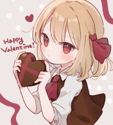 Rule 34 | 1girl, ascot, black vest, blonde hair, box, commentary, dot mouth, english text, gift, hair ribbon, happy valentine, heart, heart-shaped box, highres, holding, holding gift, medium hair, nig 18, red ascot, red eyes, red ribbon, revision, ribbon, rumia, shirt, sleeves past elbows, solo, touhou, upper body, valentine, vest, white shirt