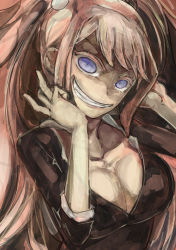 Rule 34 | 10s, 1girl, blue eyes, breasts, brown hair, cleavage, danganronpa (series), enoshima junko, grin, hair bobbles, hair ornament, hands on own cheeks, hands on own face, long hair, looking at viewer, smile, solo, spoilers, twintails, upper body, yohane