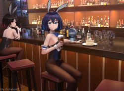 Rule 34 | 2girls, alcohol, animal ears, armband, bar (place), beer, black hair, black legwear, black leotard, blue eyes, blue hair, blue neckwear, bottle, bow, bowtie, cake, chinese commentary, commentary request, counter, cup, detached collar, drinking glass, fake animal ears, fervheart, food, glass, highres, honkai (series), honkai impact 3rd, leotard, multicolored hair, multiple girls, pantyhose, playboy bunny, rabbit ears, rabbit tail, red eyes, red hair, seele (alter ego), seele vollerei, shiny clothes, sitting, solo focus, stool, strapless, strapless leotard, tail, two-tone hair, wine, wine glass, wrist cuffs