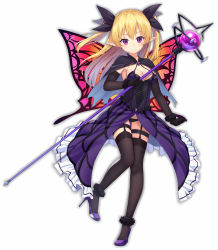 Rule 34 | 1girl, black bow, black cape, black panties, black thighhighs, blonde hair, blue cape, blush, bow, breasts, butterfly wings, cape, cleavage, closed mouth, copyright request, dress, full body, hair between eyes, hair bow, head tilt, heijialan, high heels, holding, holding staff, insect wings, long hair, looking at viewer, medium breasts, multicolored cape, multicolored clothes, orb, panties, pointy ears, purple dress, purple eyes, purple footwear, shoes, simple background, smile, solo, staff, standing, standing on one leg, thighhighs, two side up, underwear, white background, wings