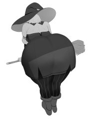 Rule 34 | 1girl, ass, ass focus, back, backless outfit, bare shoulders, bent over, boots, broom, greyscale, hat, highres, huge ass, miruku (shoutao), monochrome, original, short hair, shoutao, solo, white background, wide hips, witch, witch hat